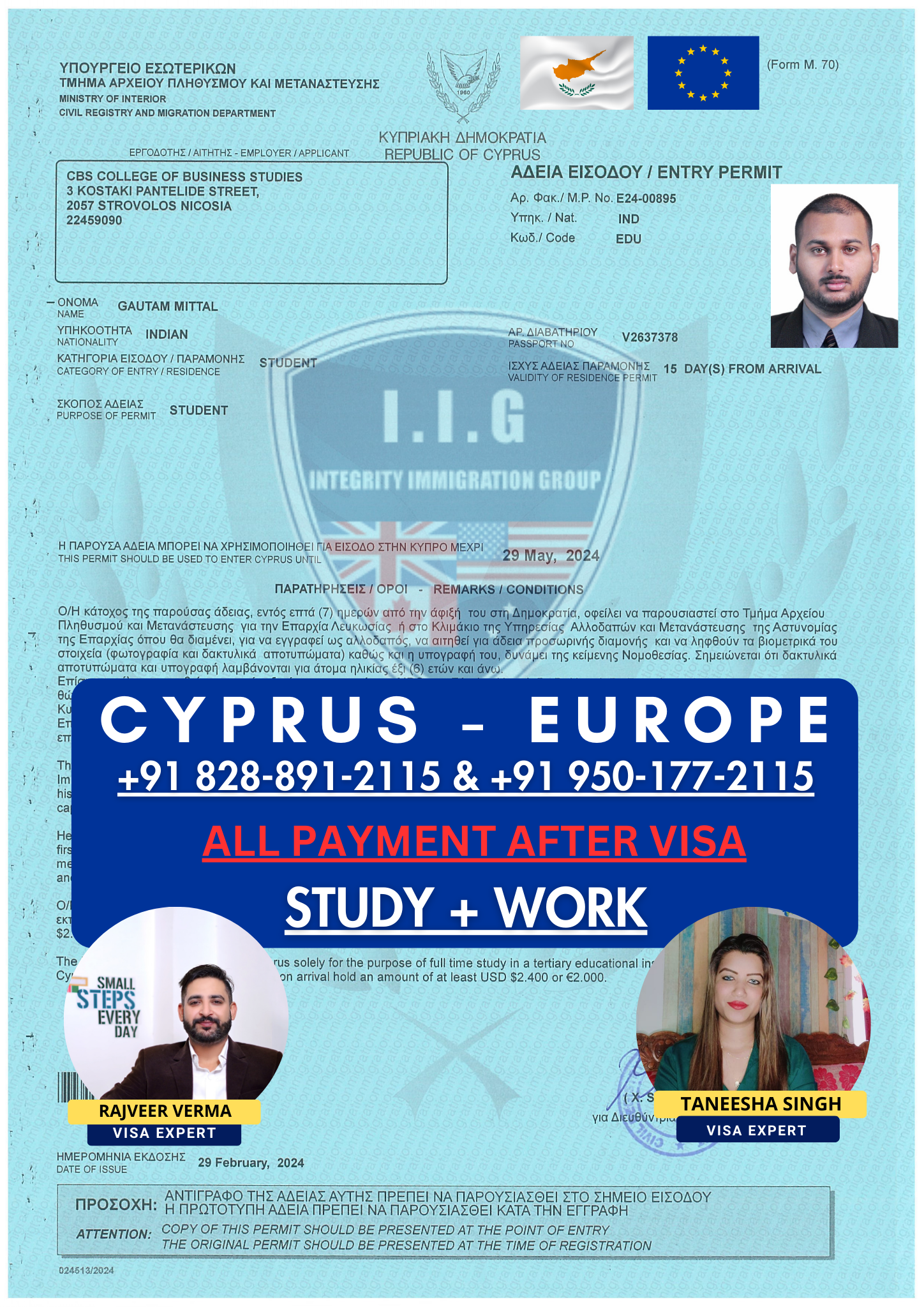 Gauttam Mittal - Cyprus Study Visa - Payment After Visa